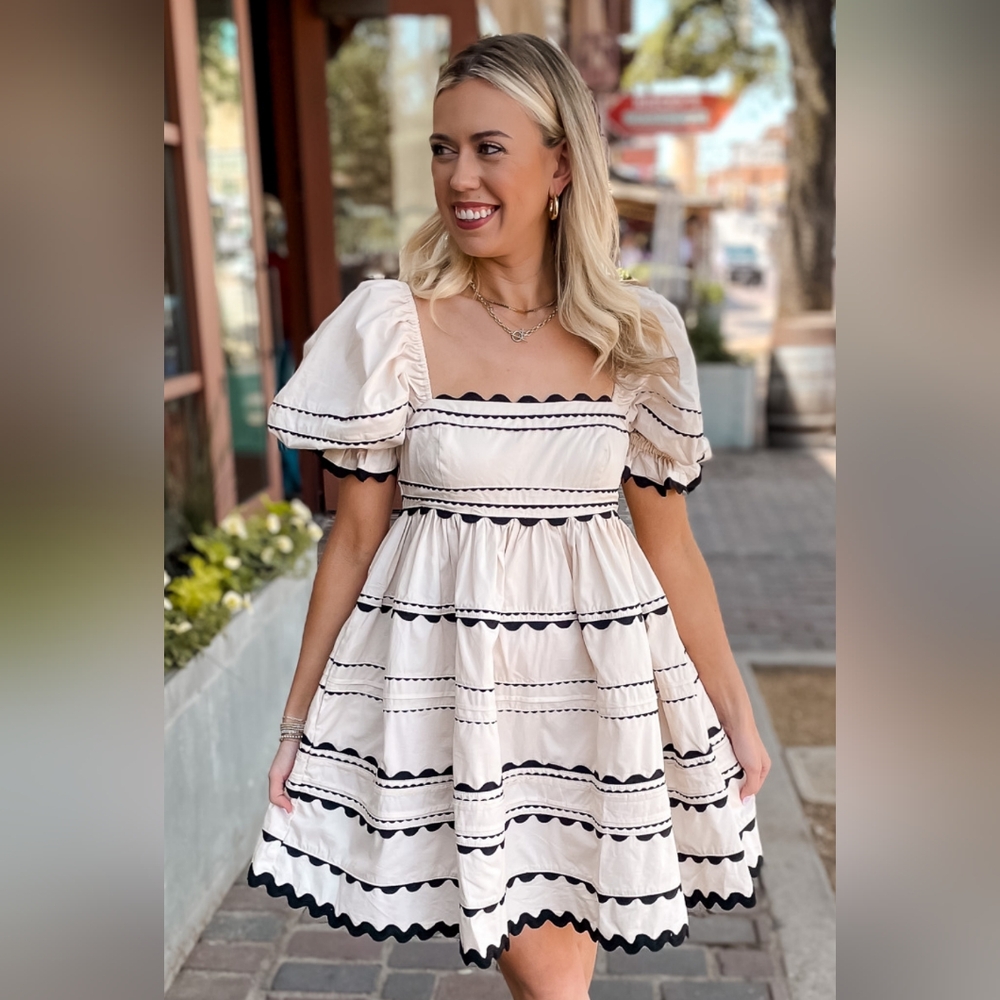 Sofie The Label Boutique Cream And Black Ric Rac Babydoll Mini Dress Size L